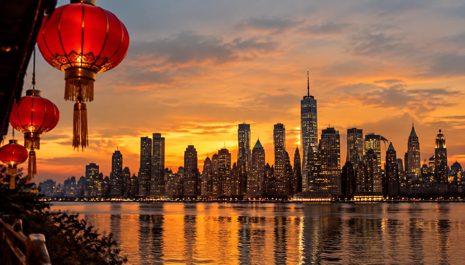 Manhattan skyline with red lanterns